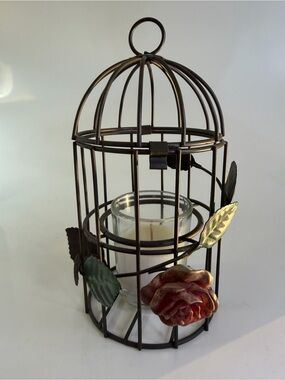 Vintage Decorative Brown Metal Birdcage Candle Holder with Rose Accent